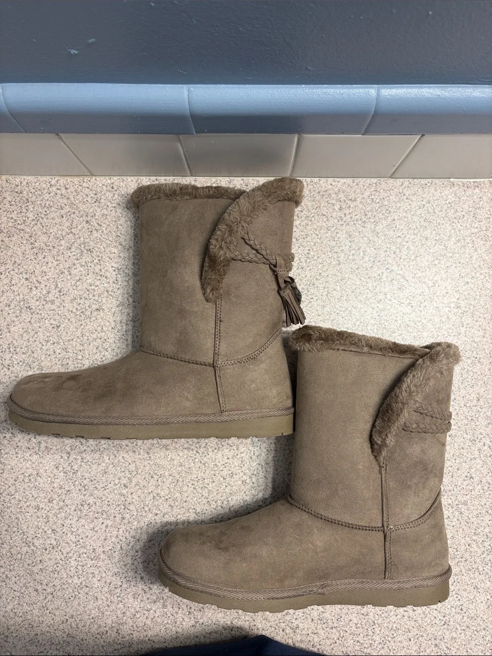 Arizona Jean Company Taupe Faux-Suede Fur-Trim Tassel Short Boots